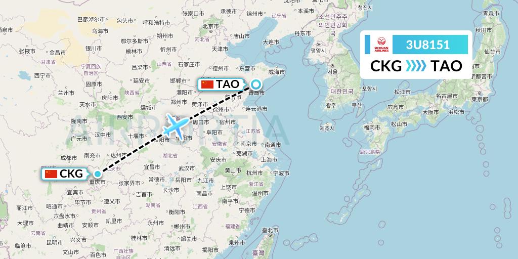 3U8151 Sichuan Airlines Flight Map: Chongqing to Qingdao