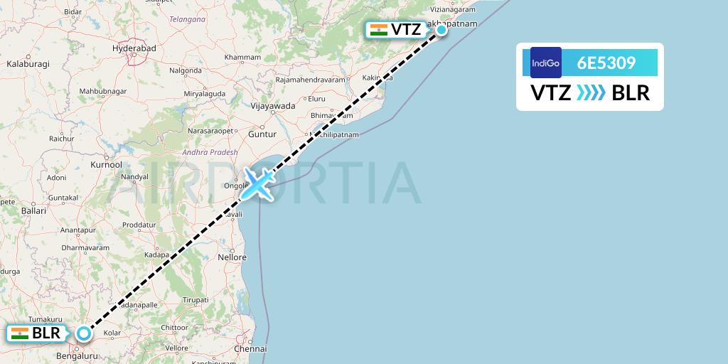 6E5309 IndiGo Airlines Flight Map: Visakhapatnam to Bangalore
