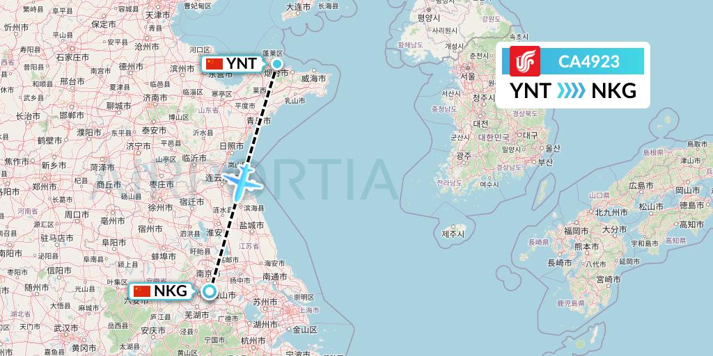 CA4923 Air China Flight Map: Yantai to Nanjing