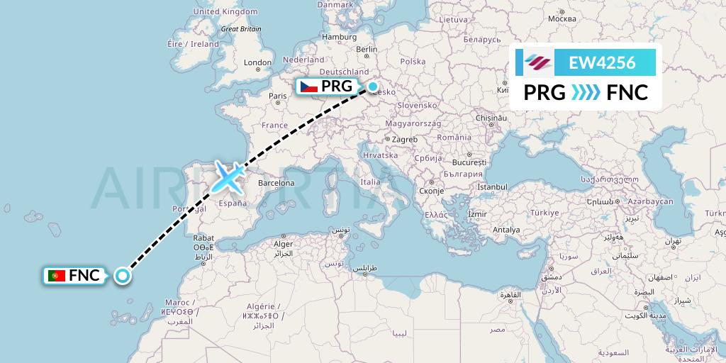 EW4256 Eurowings Flight Map: Prague to Funchal