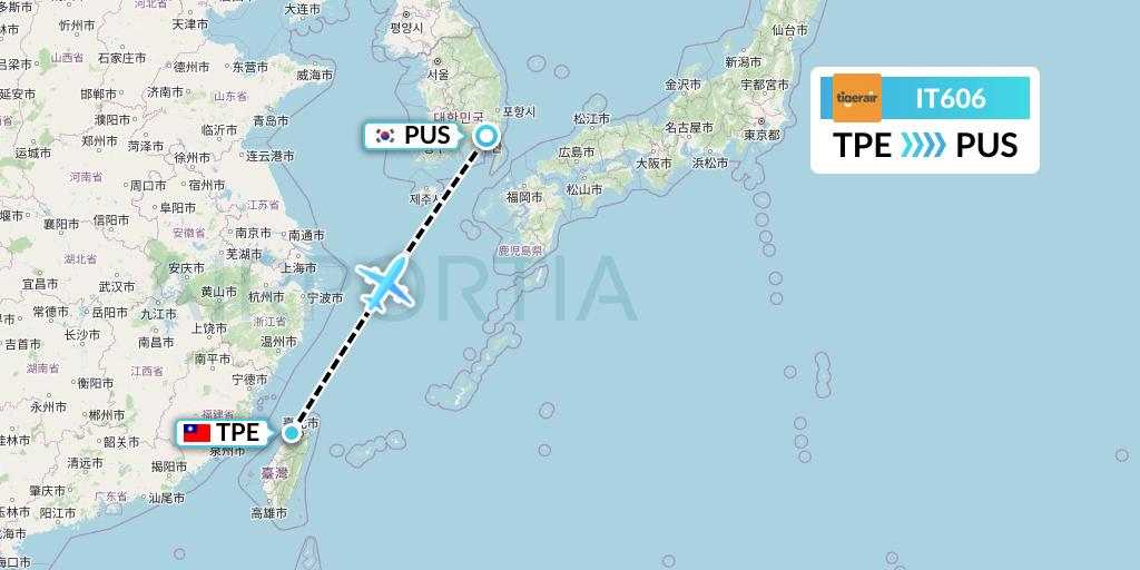 IT606 Tigerair Taiwan Flight Map: Taipei to Busan