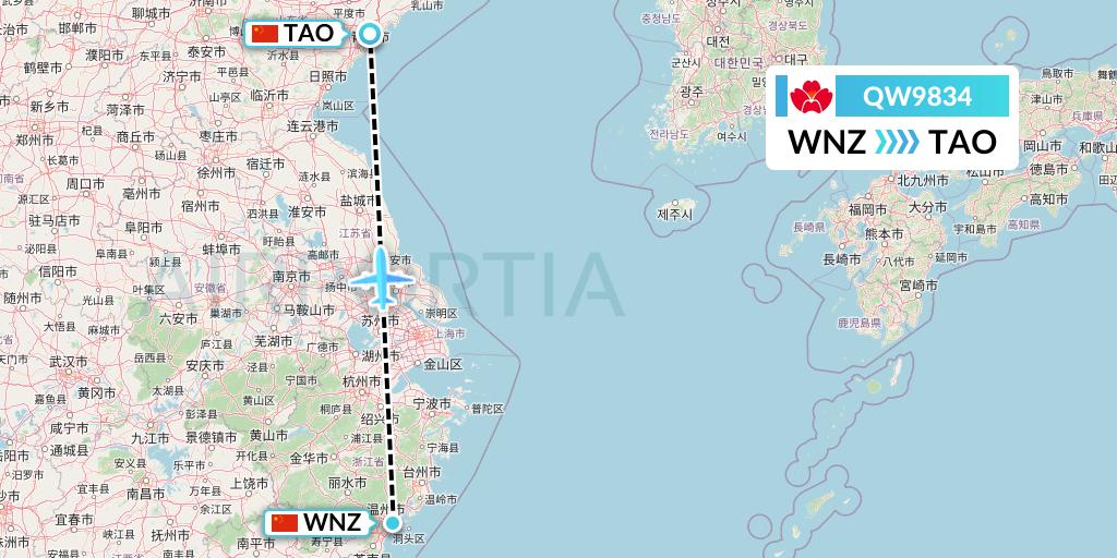 QW9834 Qingdao Airlines Flight Map: Wenzhou to Qingdao