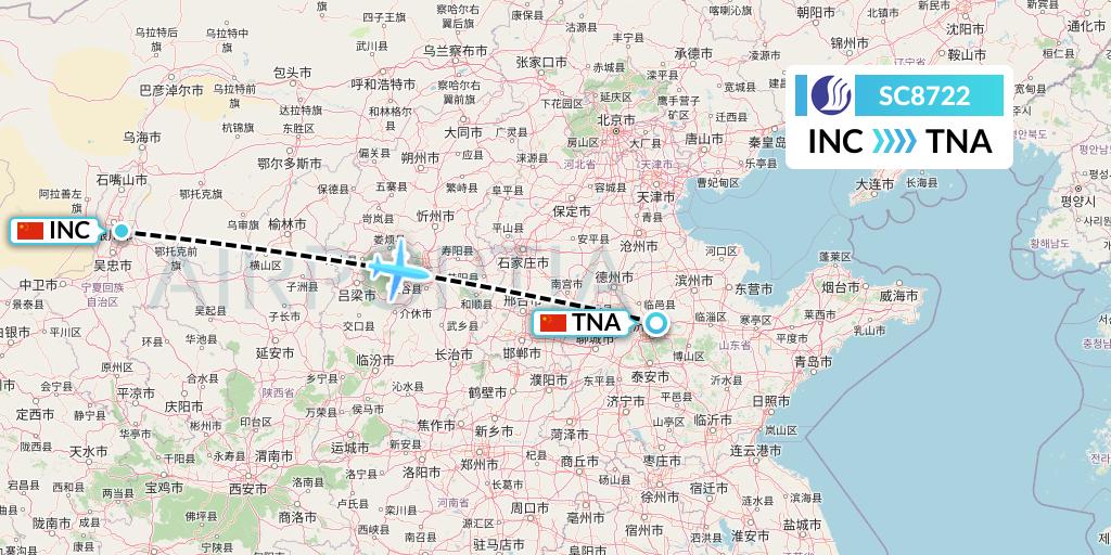 SC8722 Shandong Airlines Flight Map: Yinchuan to Jinan