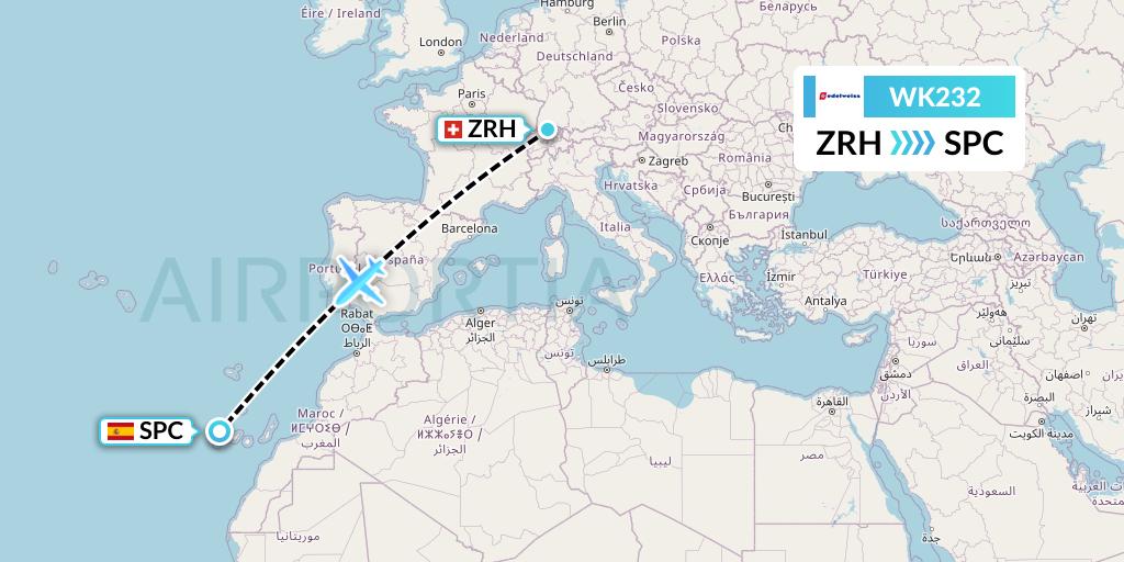 WK232 Edelweiss Air Flight Map: Zurich to La Palma