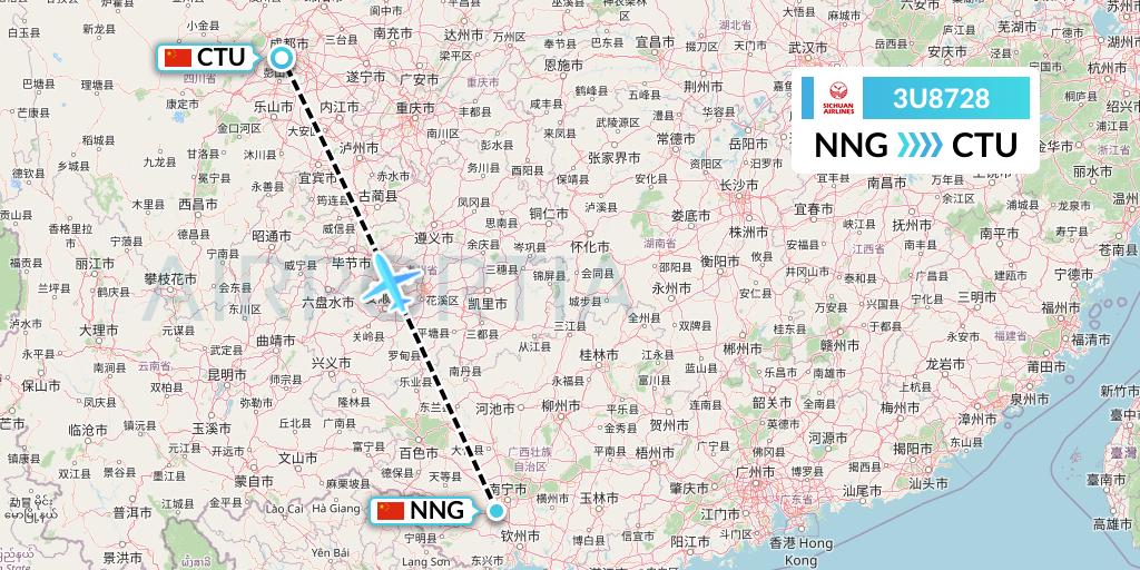 3U8728 Sichuan Airlines Flight Map: Nanning to Chengdu