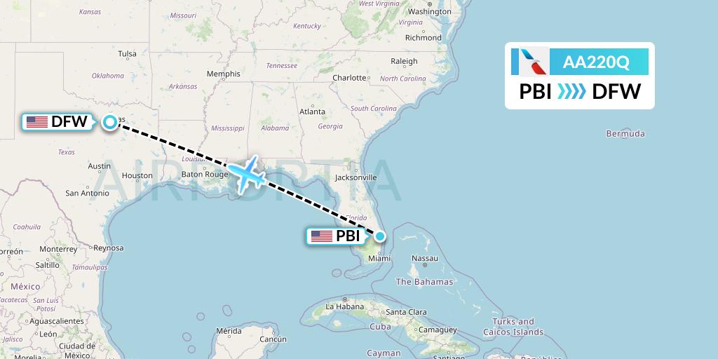 AA220Q American Airlines Flight Map: West Palm Beach to Dallas