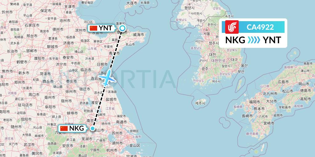 CA4922 Air China Flight Map: Nanjing to Yantai