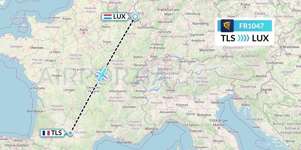 FR1047 Ryanair Flight Map: Toulouse to Luxembourg