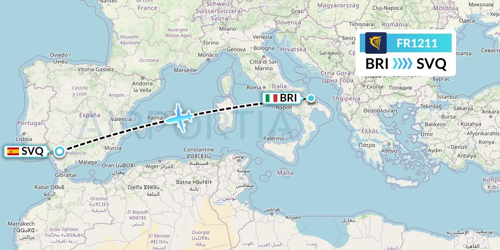 FR1211 Ryanair Flight Map: Bari to Seville