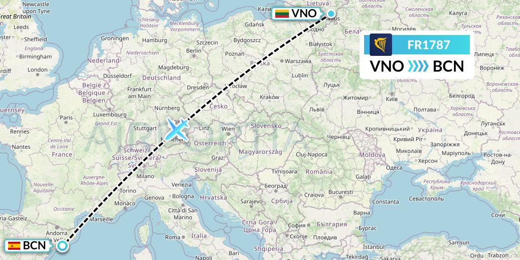 FR1787 Ryanair Flight Map: Vilnius to Barcelona