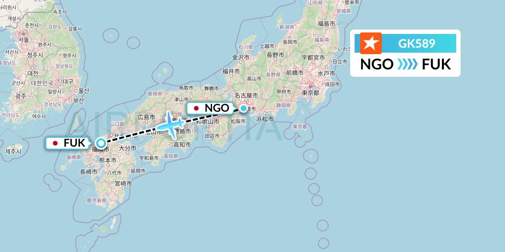 GK589 JetStar Japan Flight Map: Nagoya to Fukuoka
