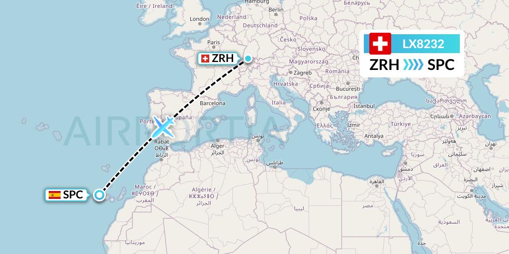 LX8232 Swiss Flight Map: Zurich to La Palma