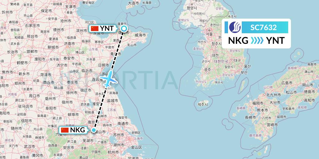 SC7632 Shandong Airlines Flight Map: Nanjing to Yantai