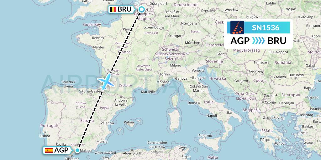 SN1536 Brussels Airlines Flight Map: Malaga to Brussels
