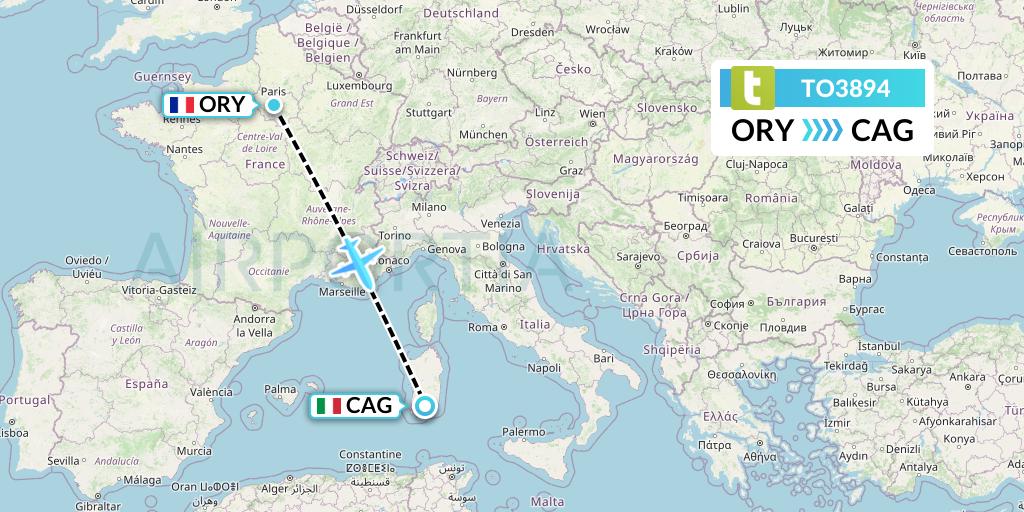 TO3894 Transavia France Flight Map: Paris to Cagliari