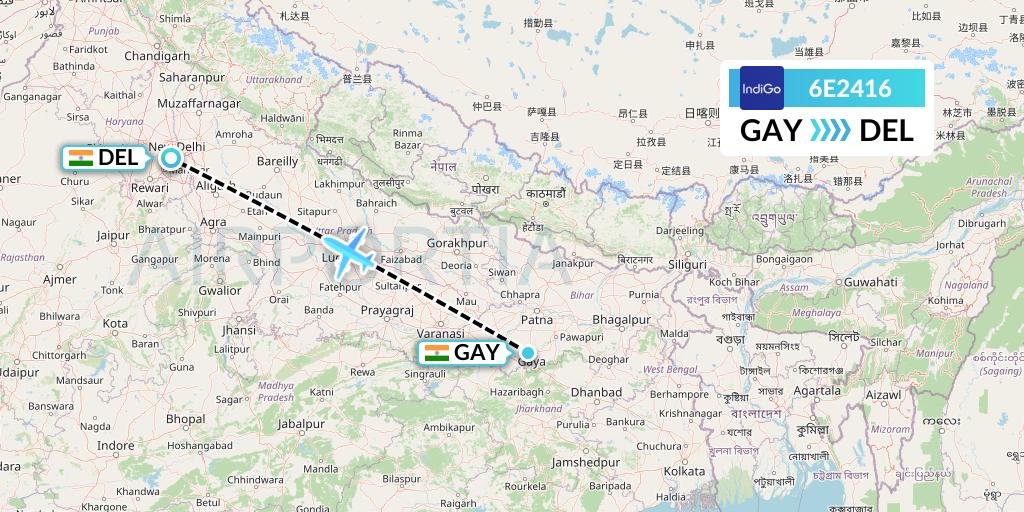 6E2416 IndiGo Airlines Flight Map: Gaya to Delhi