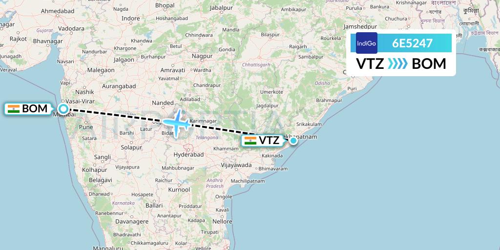 6E5247 IndiGo Airlines Flight Map: Visakhapatnam to Mumbai