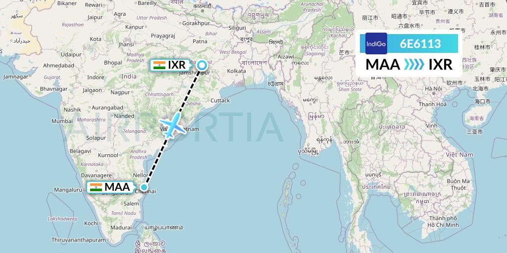 6E6113 IndiGo Airlines Flight Map: Chennai to Ranchi