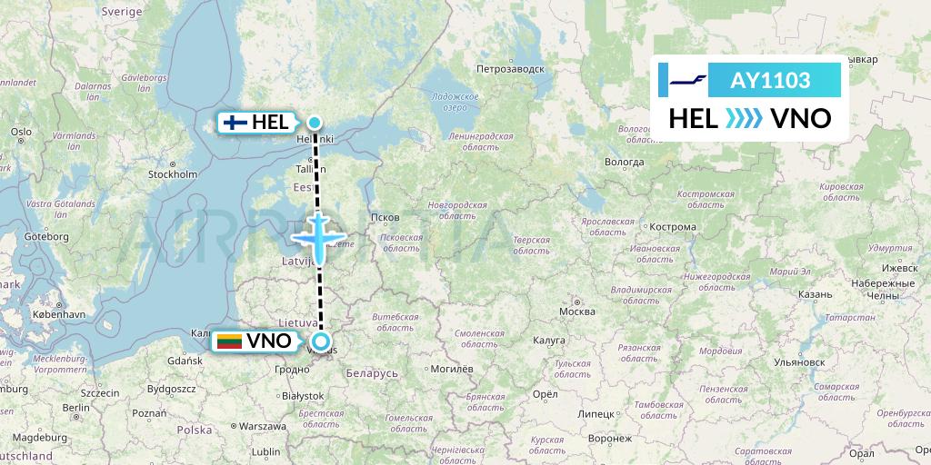 AY1103 Finnair Flight Map: Helsinki to Vilnius