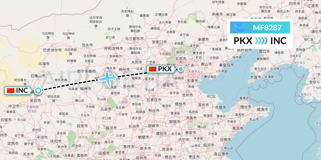 MF8287 Xiamen Airlines Flight Map: Beijing to Yinchuan