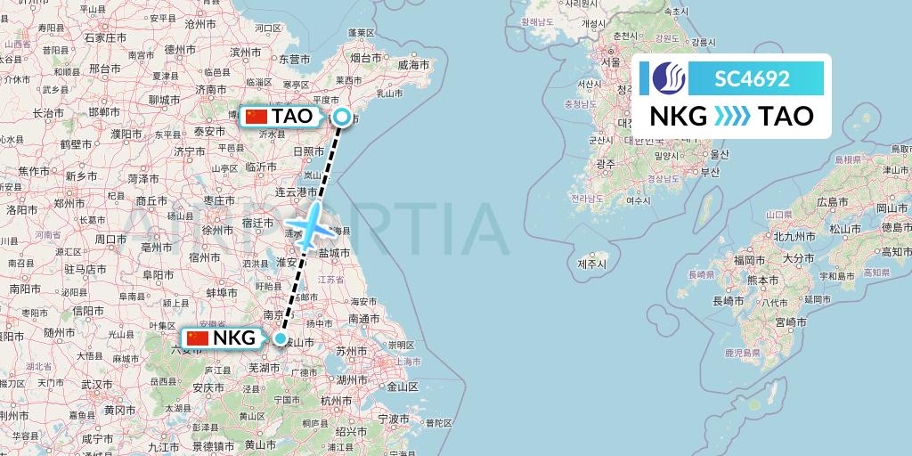 SC4692 Shandong Airlines Flight Map: Nanjing to Qingdao