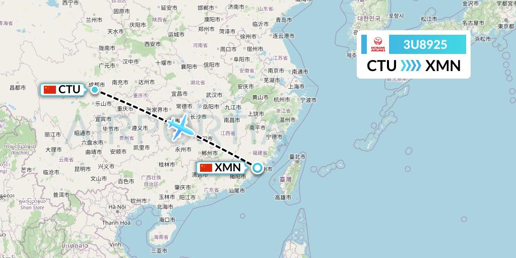 3U8925 Sichuan Airlines Flight Map: Chengdu to Xiamen