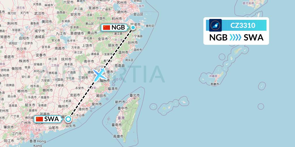 CZ3310 China Southern Airlines Flight Map: Ningbo to Jieyang