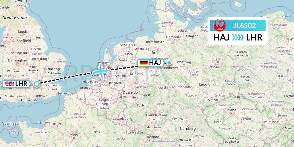 JL6502 Japan Airlines Flight Map: Hannover to London