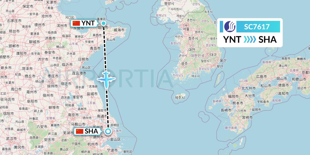 SC7617 Shandong Airlines Flight Map: Yantai to Shanghai