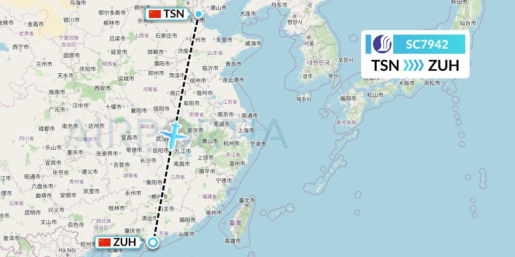 SC7942 Shandong Airlines Flight Map: Tianjin to Zhuhai