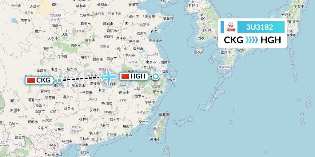3U3182 Sichuan Airlines Flight Map: Chongqing to Hangzhou