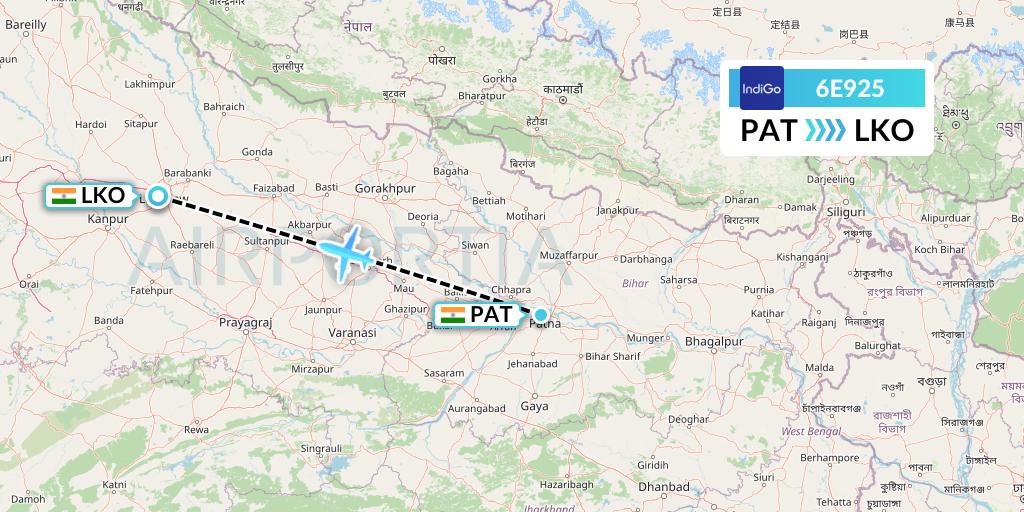6E925 IndiGo Airlines Flight Map: Patna to Lucknow