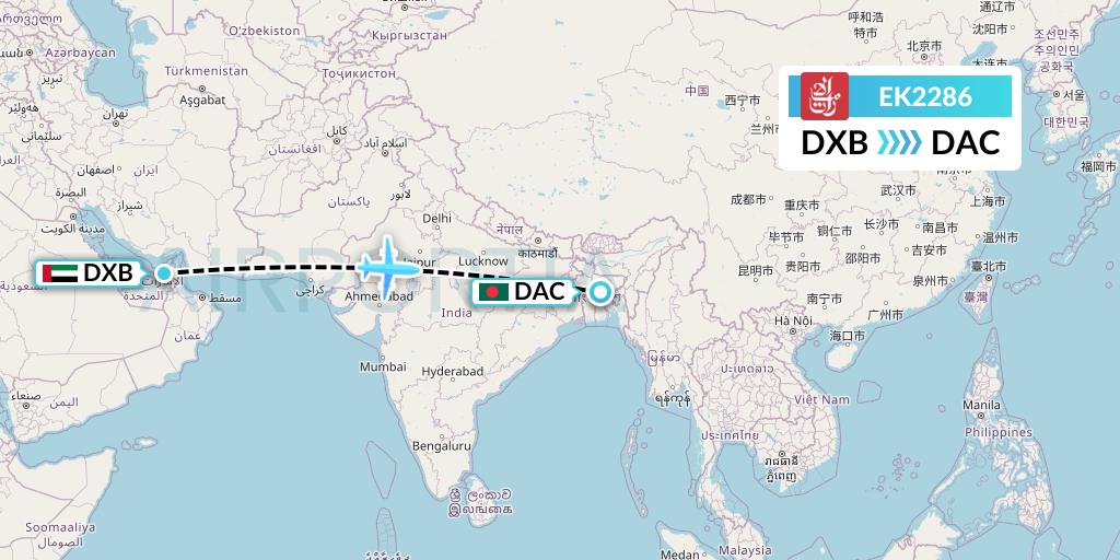 EK2286 Emirates Flight Map: Dubai to Dhaka
