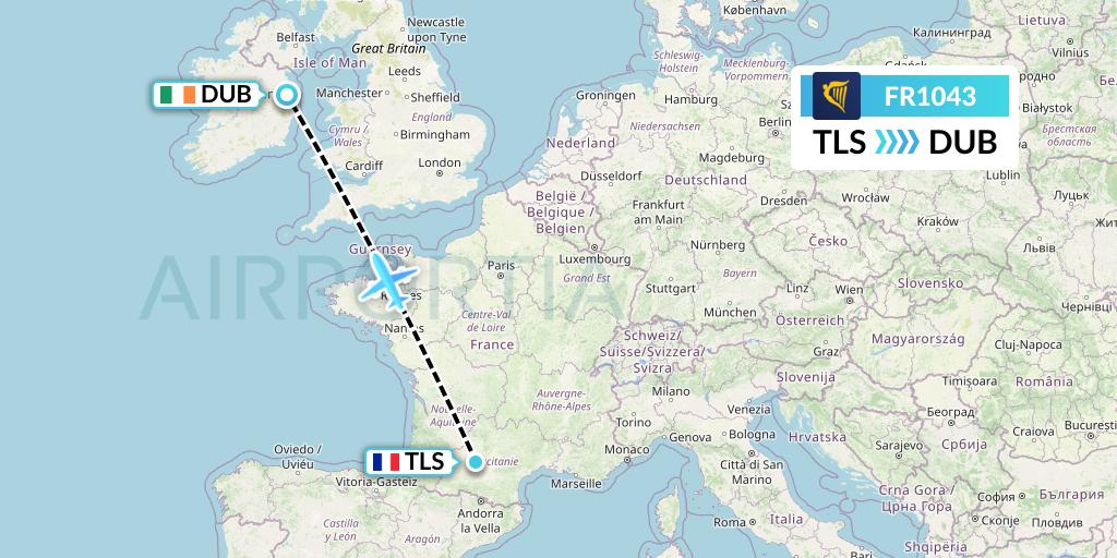 FR1043 Ryanair Flight Map: Toulouse to Dublin