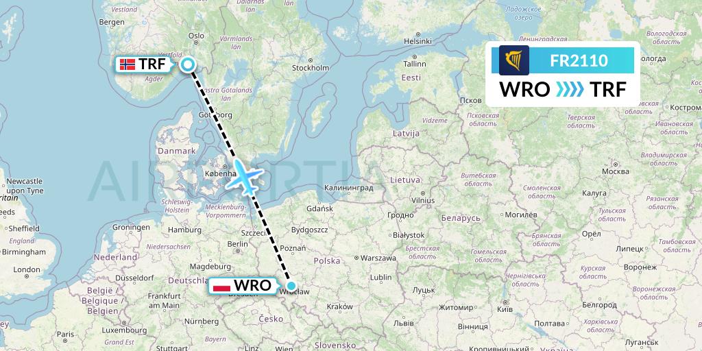 FR2110 Ryanair Flight Map: Wroclaw to Oslo