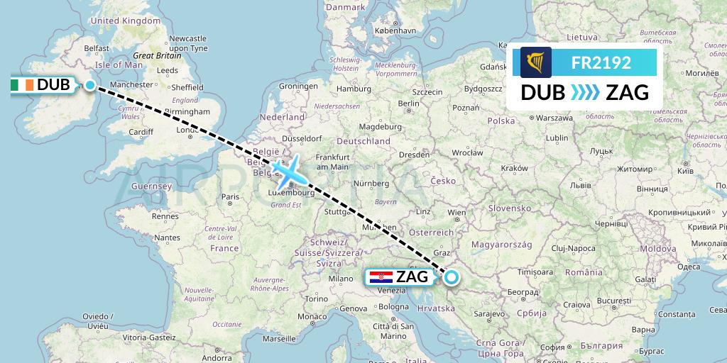 FR2192 Ryanair Flight Map: Dublin to Zagreb