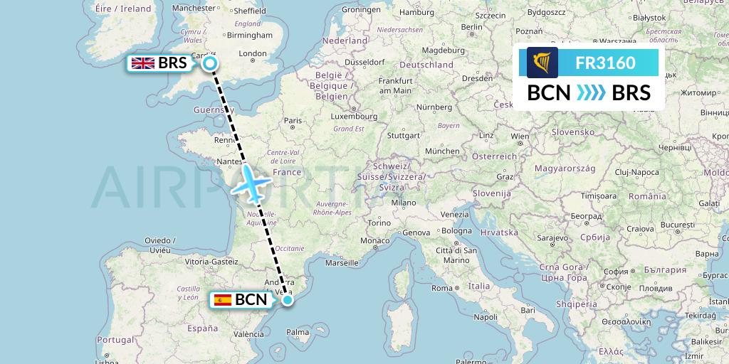 FR3160 Ryanair Flight Map: Barcelona to Bristol