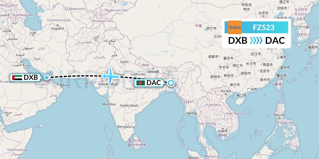 FZ523 FlyDubai Flight Map: Dubai to Dhaka