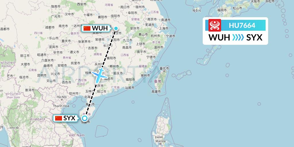 HU7664 Hainan Airlines Flight Map: Wuhan to Sanya