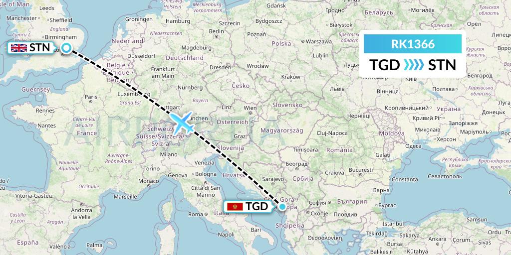 RK1366 Ryanair UK Flight Map: Podgorica to London