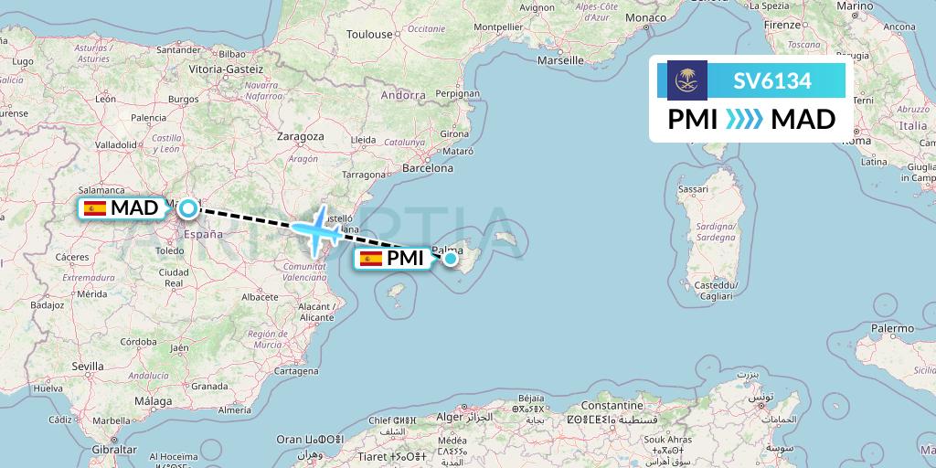 SV6134 Saudi Arabian Airlines Flight Map: Palma de Mallorca to Madrid