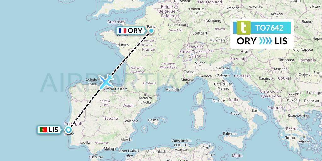 TO7642 Transavia France Flight Map: Paris to Lisbon