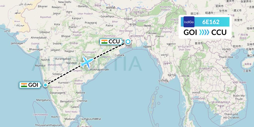 6E162 IndiGo Airlines Flight Map: Goa to Kolkata
