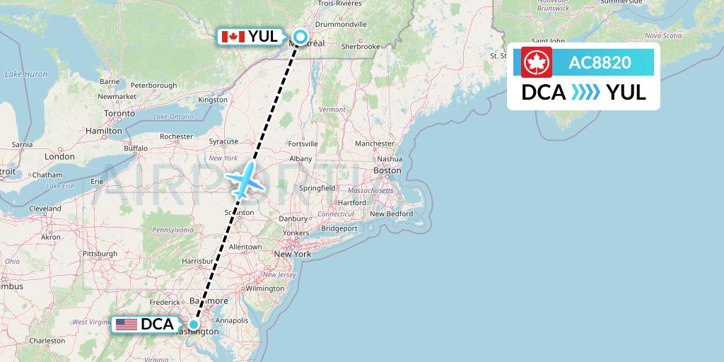 AC8820 Air Canada Flight Map: Washington to Montreal