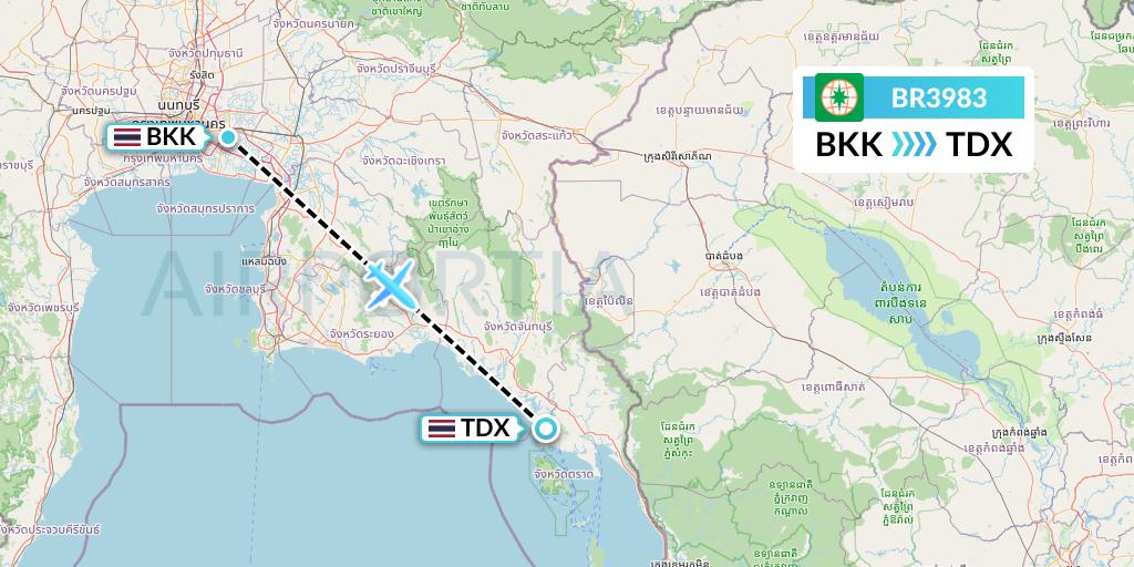 BR3983 EVA Air Flight Map: Bangkok to Trat
