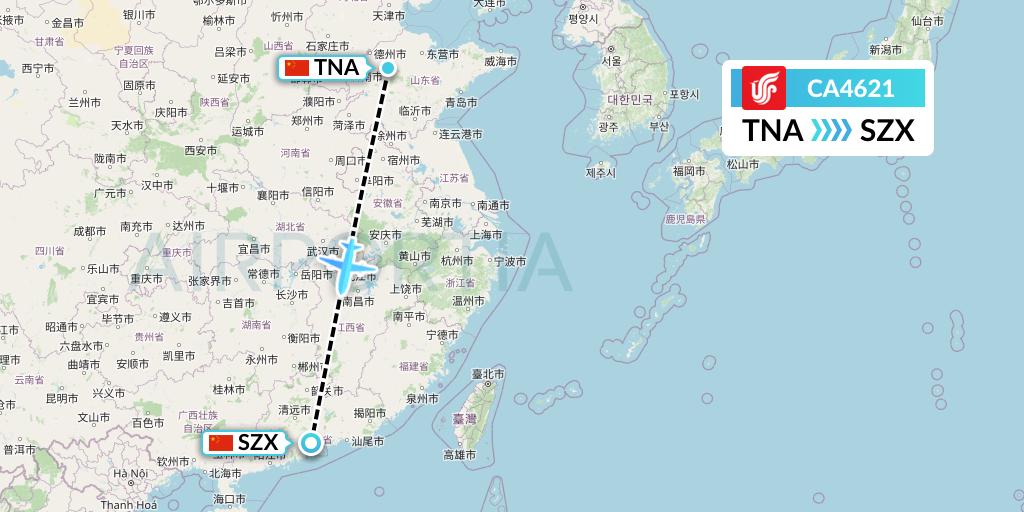 CA4621 Air China Flight Map: Jinan to Shenzhen