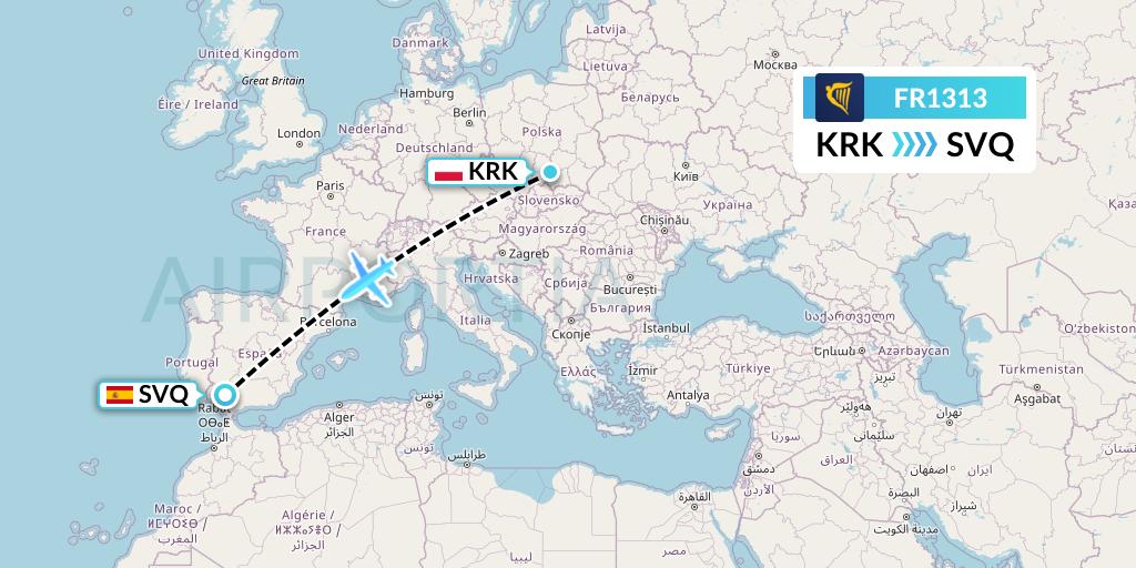 FR1313 Ryanair Flight Map: Krakow to Seville