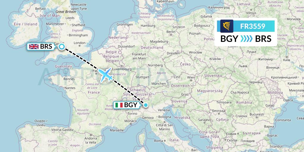 FR3559 Ryanair Flight Map: Milan to Bristol