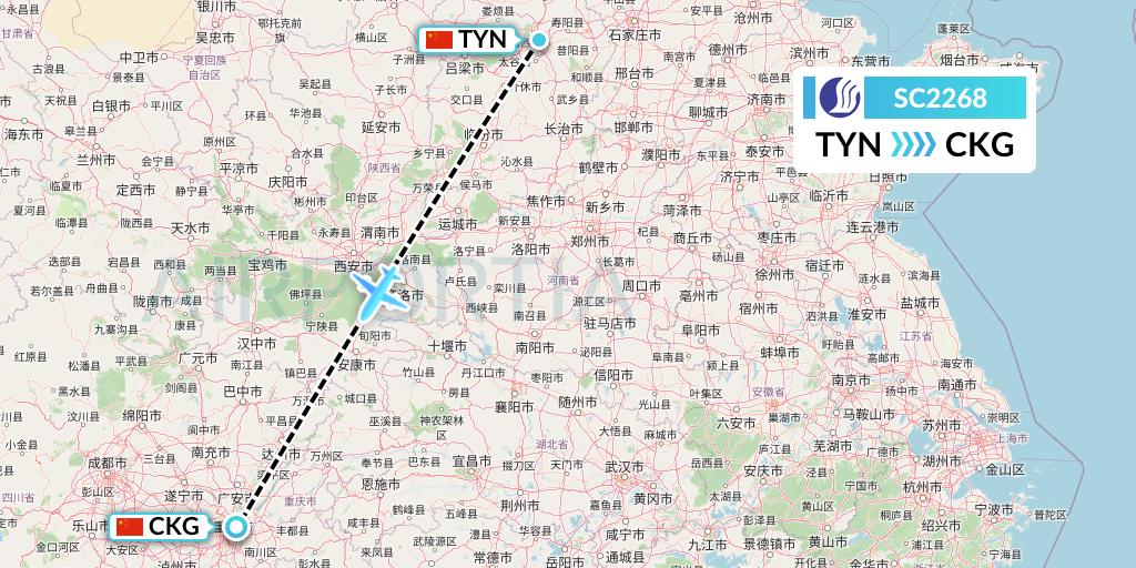 SC2268 Shandong Airlines Flight Map: Taiyuan to Chongqing