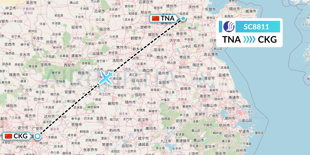 SC8811 Shandong Airlines Flight Map: Jinan to Chongqing